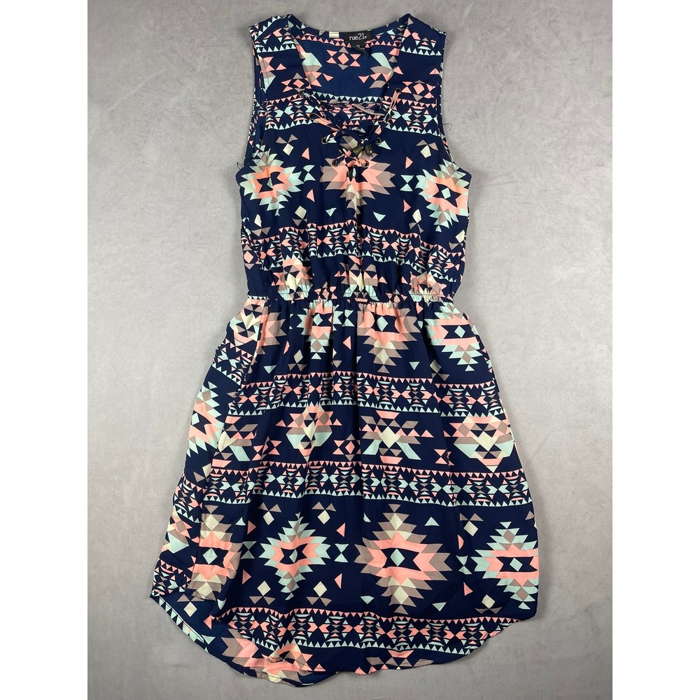 rue21 Navy Blue Aztec Geometric Lace Up High Low Sleeveless Dress XS